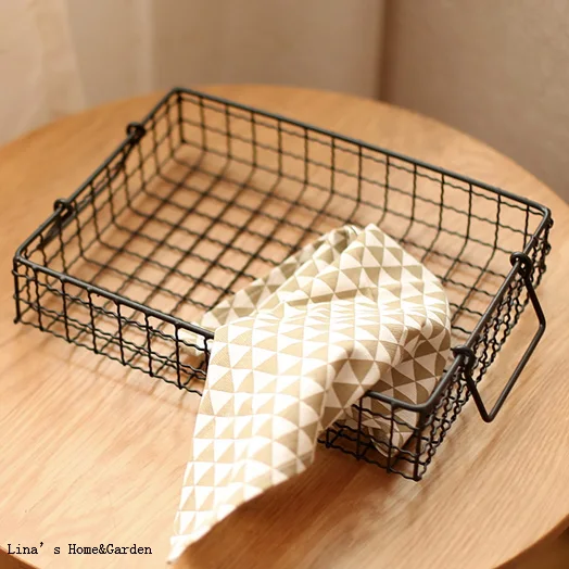 rectangular shallow metal mesh basket with handlesin Storage Baskets