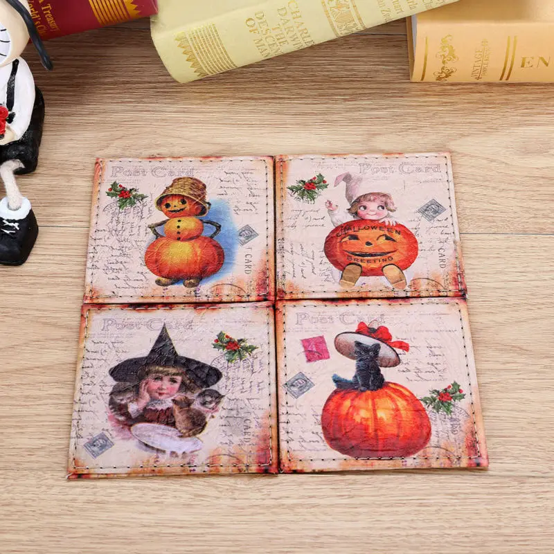 

LINKWELL Set of 4 10x10cm Happy Halloween Gift Present Witch Ghost Pumpkin Black Cat Coasters Cup Holder Coffee Coasters Cup Mat