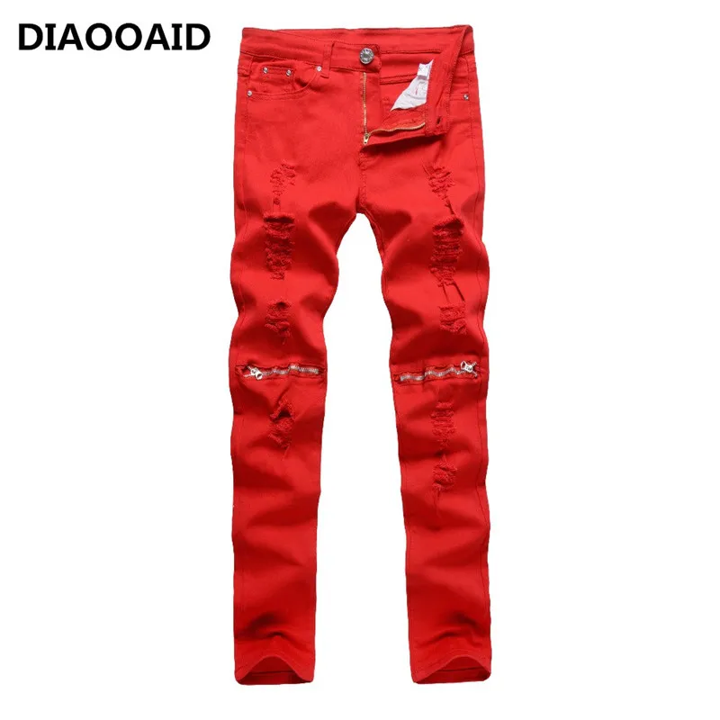

2017 New hot sale Hole Ripped Mens Jeans Knee Zipper Hip Hop Elasticity Pencil Skinny Male Fashion Night Club Stage Costumes