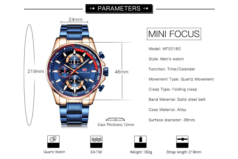 2020 Men Sport Fashion Blue Quartz Wrist Watch with Multifunction Chronograph Waterproof
