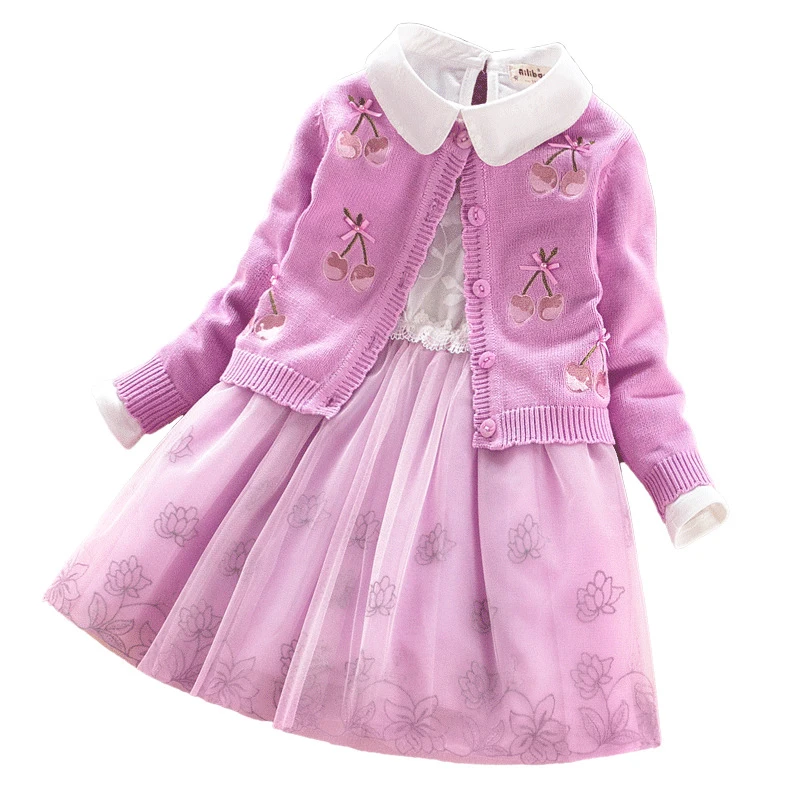 

Girls Sweater Dress Set Kids lace Flowers Clothes Baby Cotton Sweaters+Dress 2Pcs High Quality Children Winter Autumn Clothing