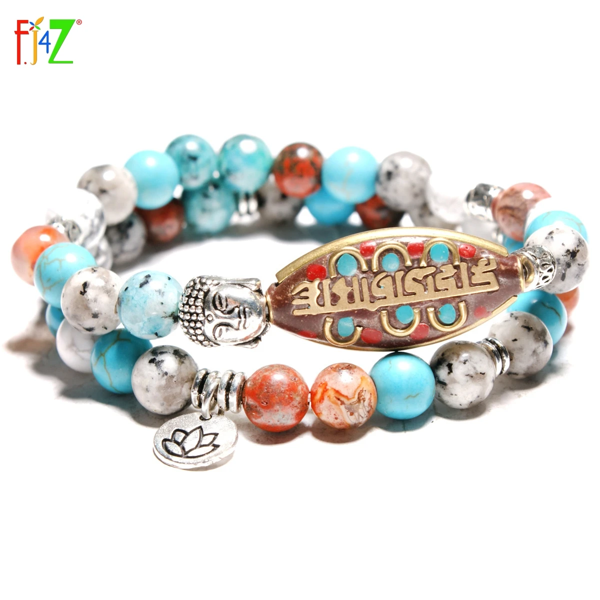 

F.J4Z Nepal Bracelets Buddhist Mala Nature Stone Beads Ethnic Lotus Charm Bangles Jewelry Women Men