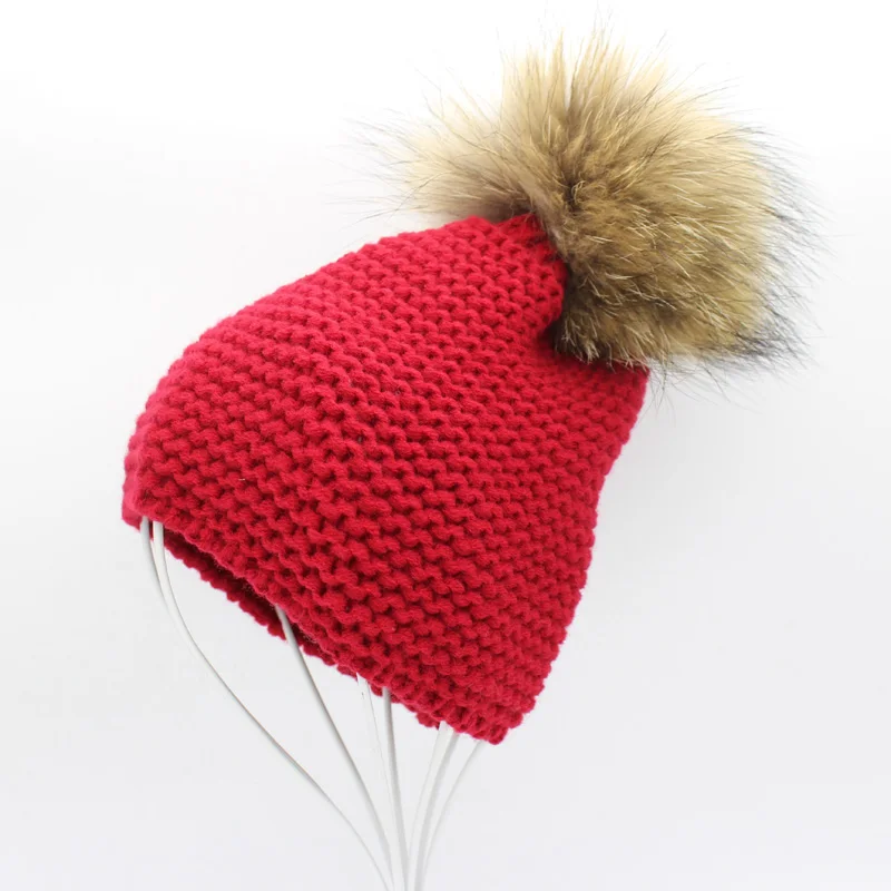 Модные вязаные детские шляпы для мальчиков, зимние уличные защитные шапочки для ушей, шапки с помпонами, шапка из натурального меха для детей - Цвет: wine red
