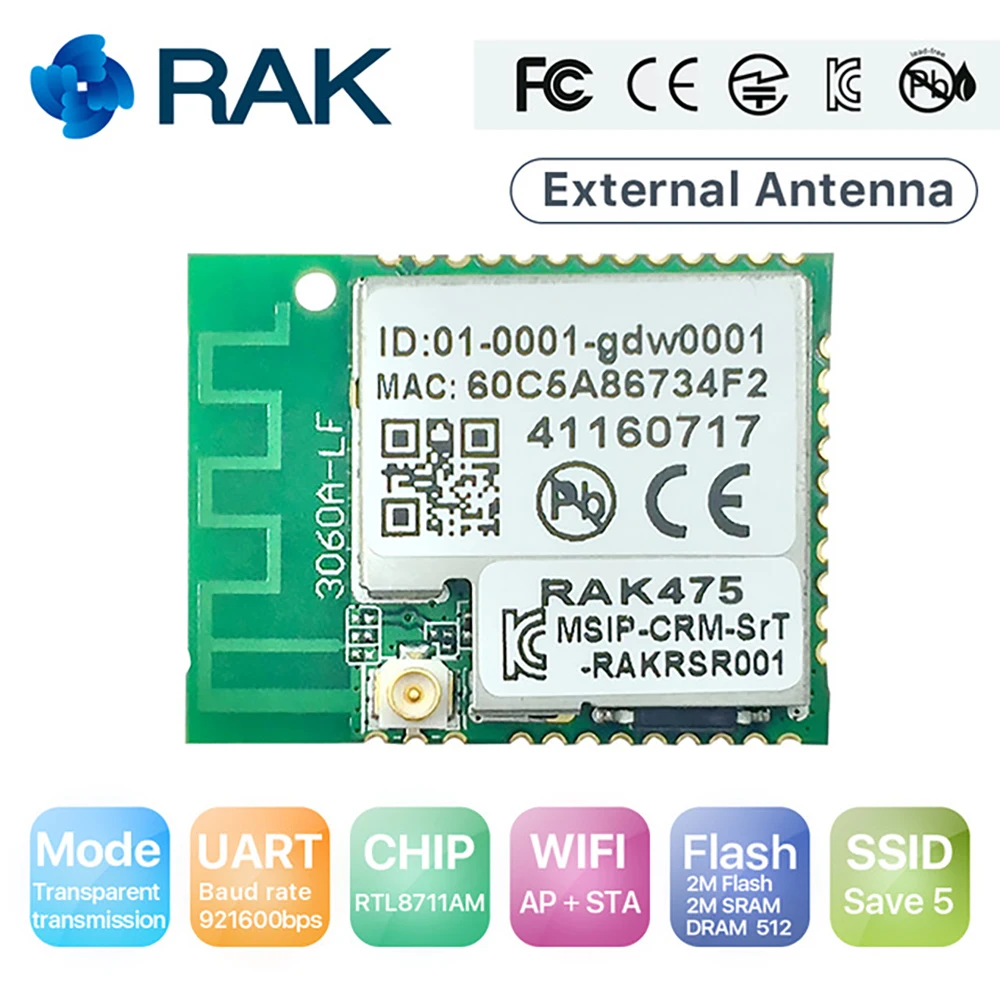 

RAK475MB Low Power Tiny Size UART Serial to WIFI Industrial Module Wireless IoT Module AP STA Mode TELEC CE FCC kCC Certify Q115