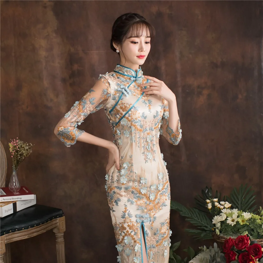 Shanghai история высокое Разделение рыбий хвост длинное платье Qipao Cheongsam шнурок китайский Oriental платье Русалка китайский Для женщин платья