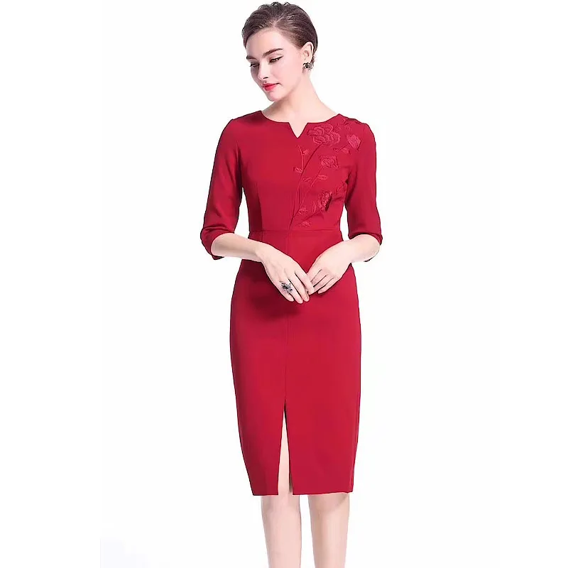 Xxxl платья Vestidos осень зима Коктейльные Вечерние женские платья с v-образным вырезом элегантное платье с вышивкой облегающее сексуальное платье-карандаш с разрезом - Цвет: red