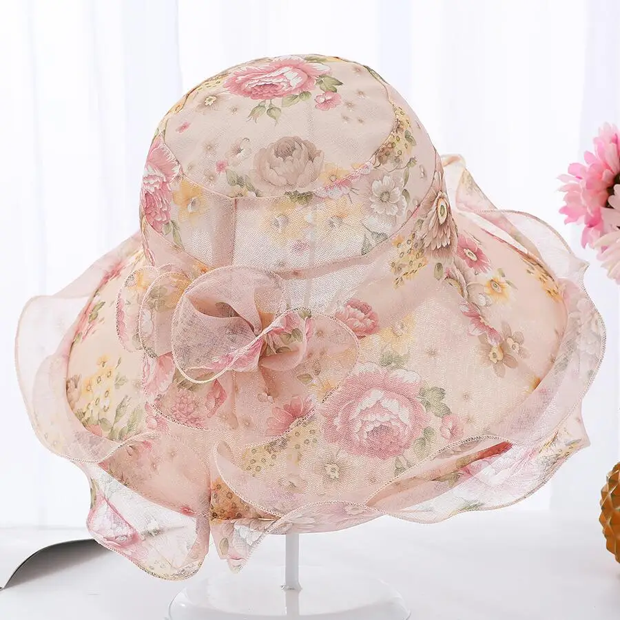أنيقة الصيف قبعات للحماية من الشمس للنساء الشاي حزب الأورجانزا الأزهار شاطئ قبعة واسعة حافة السيدات الكنيسة اللباس كنتاكي ديربي فيدورا