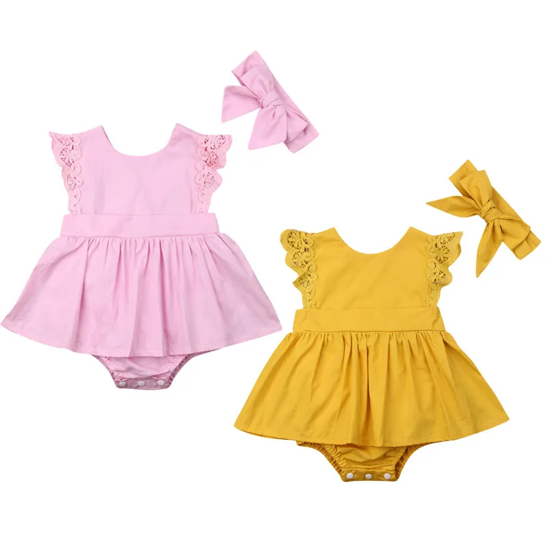 

Cute Newborn Baby Girl Lace Sleeveless Solid Color Tutu Skirted Bodysuit Jumpsuit Headband 2PCS Summer Clothes 0-24M