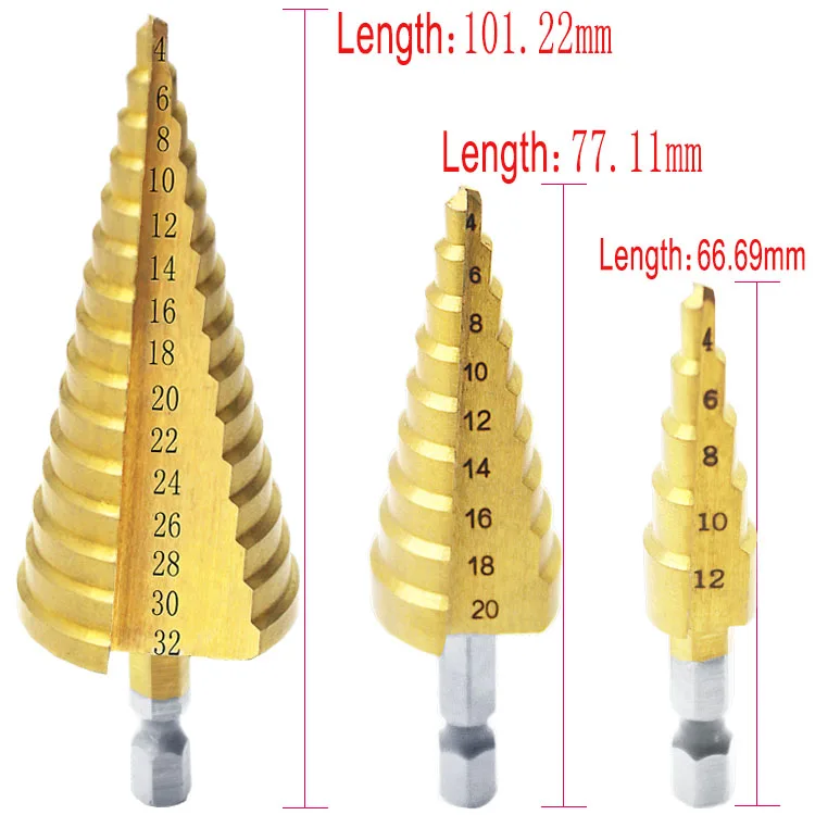3 шт./лот из быстрорежущей стали большой шаг конус с титановым покрытием металлический сверло Набор инструментов дырокол 4-12 мм 4-20 мм 4-32 мм