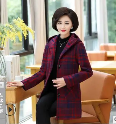 Женское твидовое пальто зимняя куртка женская шерстяная Верхняя одежда имитация кашемира с капюшоном клетчатая куртка корейская модная одежда K4170 - Цвет: Red plaid