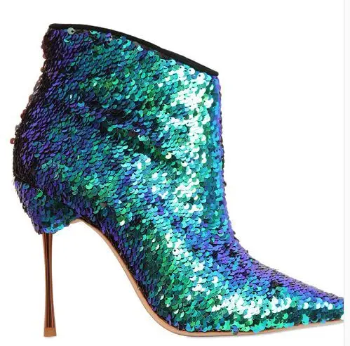 New Stylish Sequined Wedding Party Dress Shoes Women Pointed Toe High Heel Booties Mujer Bling Bling Multicolored Ankle Boots