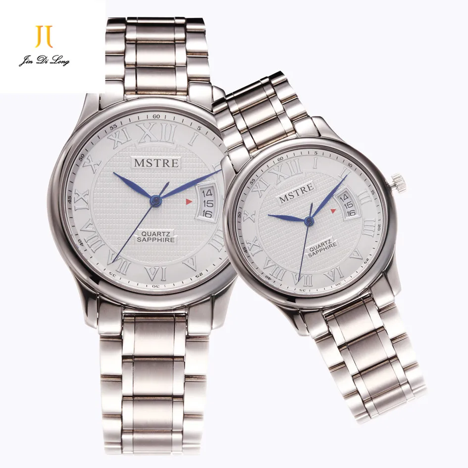 Brand 1 Pair Retro Classic Fashion Lovers Watch Quartz Stainless Steel Strap Wrist Watches Calendar Sapphire