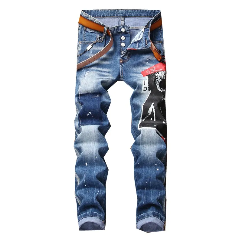 

New Men jeans stretch printed ripped skinny jeans men blue paint male trousers clothes streetwear Spring Autumn Winter hip hop