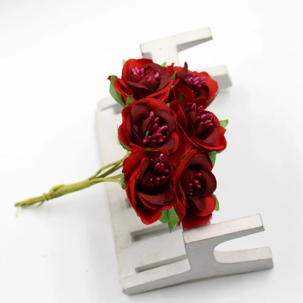 6 шт./лот, 3 см, искусственный цветок, шелк, тычинка, роза, букет для свадьбы, украшения дома, сделай сам, гирлянда, скрапбук, Подарочная коробка, цветок для рукоделия - Цвет: Красный