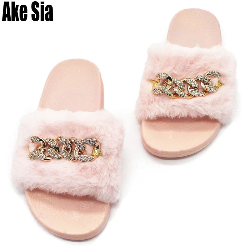 

House Design Women Ladies Mujer Fashion Babouche Downy Plentiful Rhinestone Chain Peep Toe Slipper Flat Casual Slides Shoes A494