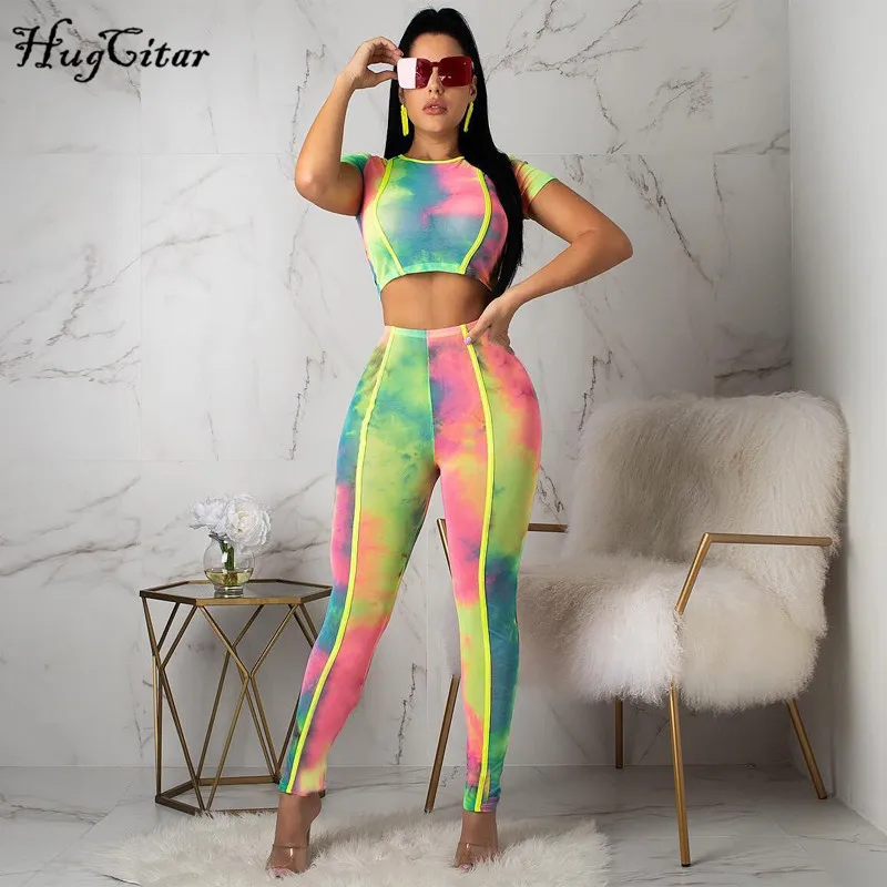 Preise Hugcitar kurzarm crop tops hohe taille 2 stück leggings 2019 sommer frauen mode druck patchwork casual stretchy sets