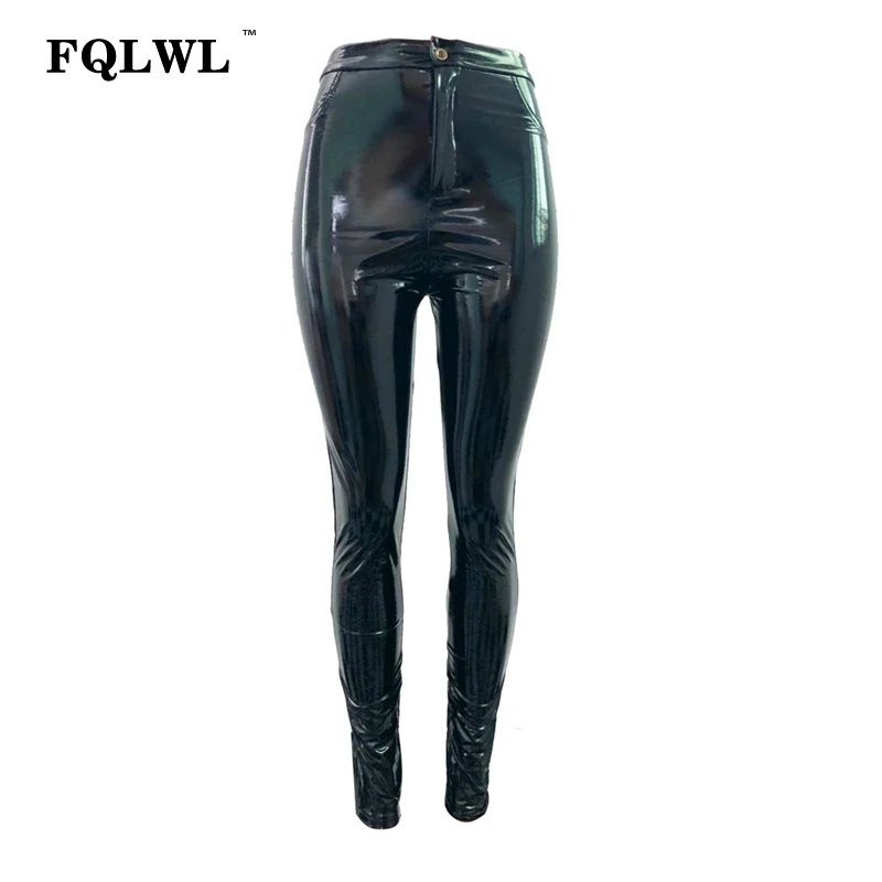 FQLWL брюки из искусственной кожи женские брюки с высокой талией облегающие черные брюки женские уличные узкие обтягивающие зимние сексуальные брюки - Цвет: Черный