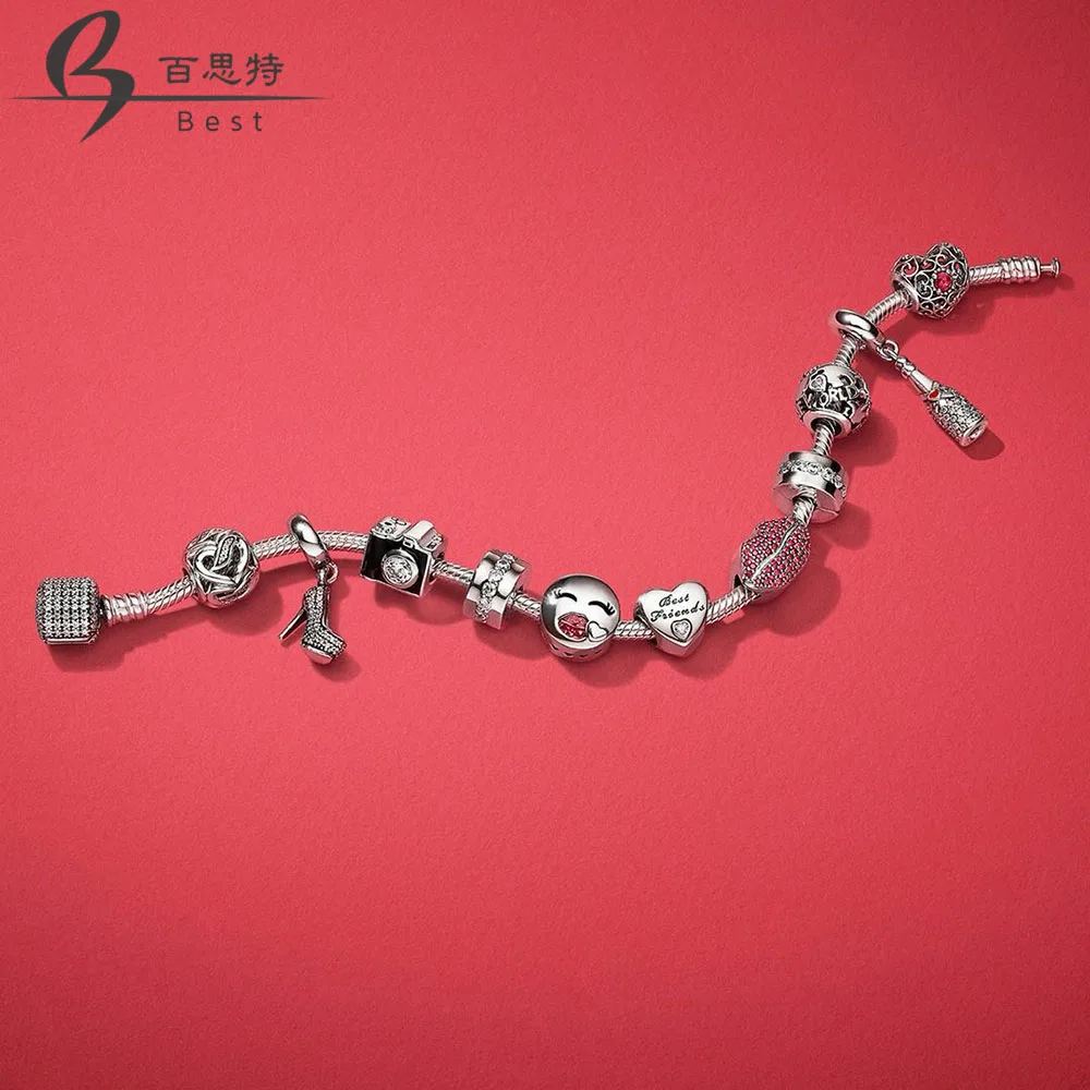 

BEST 100% 925 Sterling Silver KISS MORE CHARM Heart-shaped Bead CHAMPAGNE Heels HANGING CHARM Valentine's Day Gift Bracelet Set