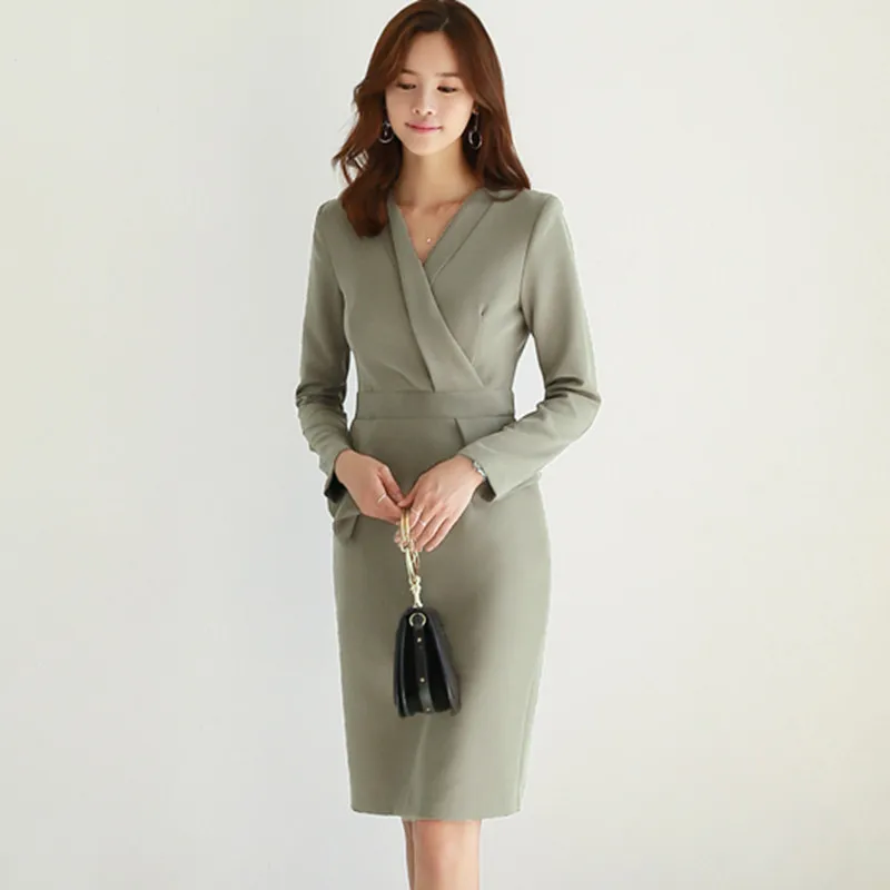 

CBAFU elegant office lady v neck pencil dress women work wear OL dresses female vestidos solid long sleeve party dress D437