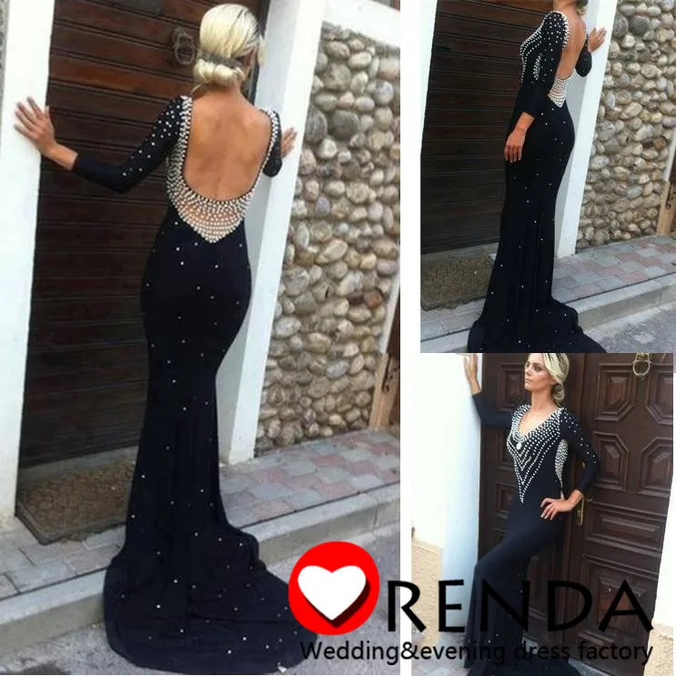 New Fashion Backless Black Long Evening Dresses With Sleeves V Neck Mermaid Prom Party Gowns 2014 |