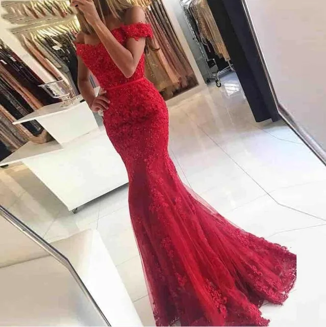 Vestido longo темно-зеленые вечерние платья Русалка с открытыми плечами платье для выпускного вечера новое официальное вечернее платье Vestido De Noiva - Цвет: Красный