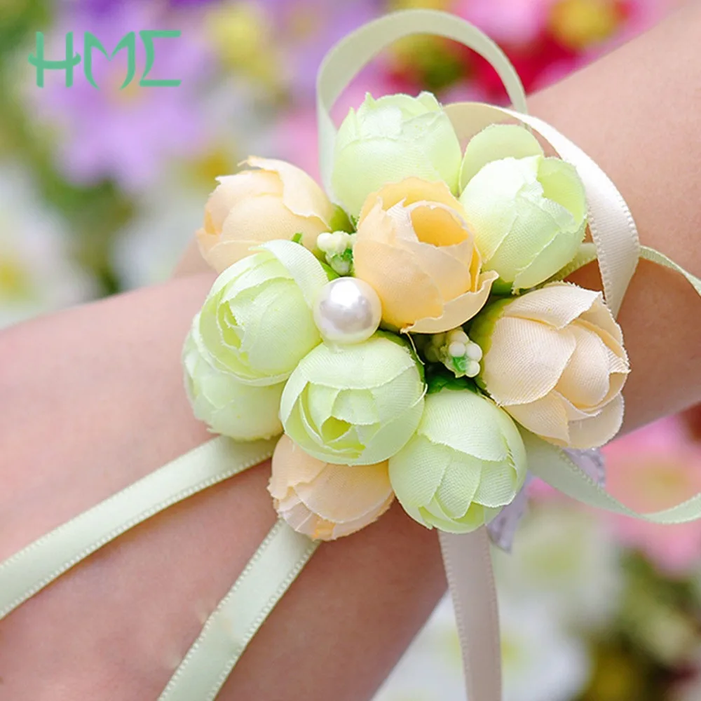 

Artificial Wrist Corsage Bracelet Silk Rose Flower Bridesmaid Hand Flower With Pearl Ribbon Wedding Decoration Party Accessories