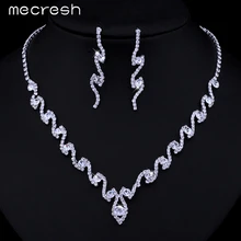 Mecresh Elegante Cristalino de la Forma de Onda de Joyas para Boda Plateado Pendientes Collar Establece Accesorios Nupciales Del Partido Del Regalo TL297