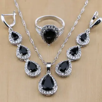 

Women 925 Sterling Silver Jewelry Black Cubic Zirconia White Stones Jewelry Set Wedding Earrings/Pendant/Necklace/Rin