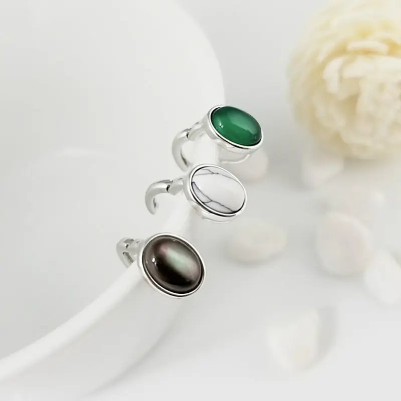 

Elegant Oval Natural Green Onyx Black Mother Pearl Clip Earring Women 100% Sterling Silver 925 Earring Simple Brief Style Gift