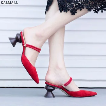 

KALMALL Rome Style Strange Heels Women Gladiator Sandals Red Suede Slip-On High Heels Shoes Pointed Toe Slingback Women Pumps