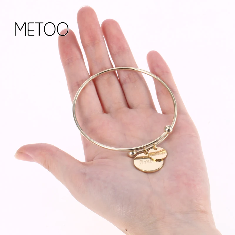 

METOO Adjustable Name Pendant Bangle Gold Girl Bracelet Baby with Dangle Drop Customizing Personalized Copper Bangle for Mom
