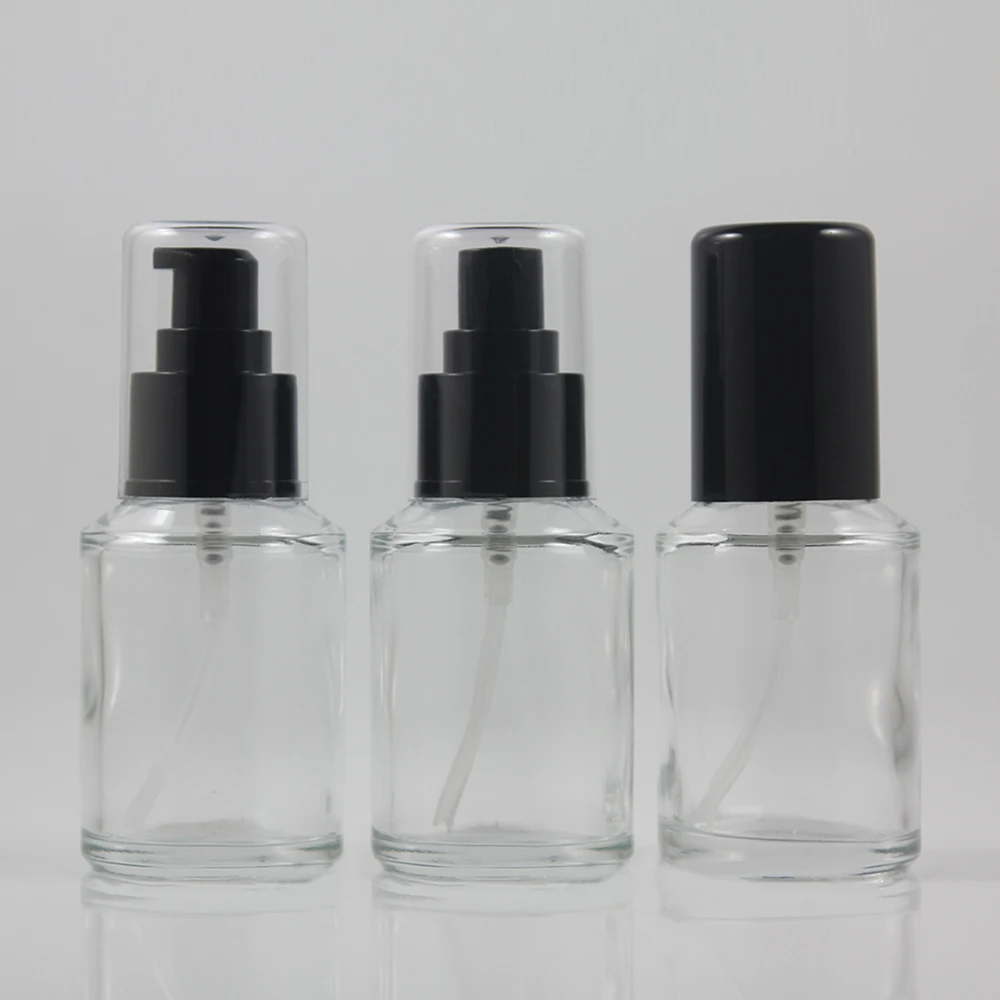 wholesale 60ml clear Glass lotion bottle with black plastic lotion pump and black lidin