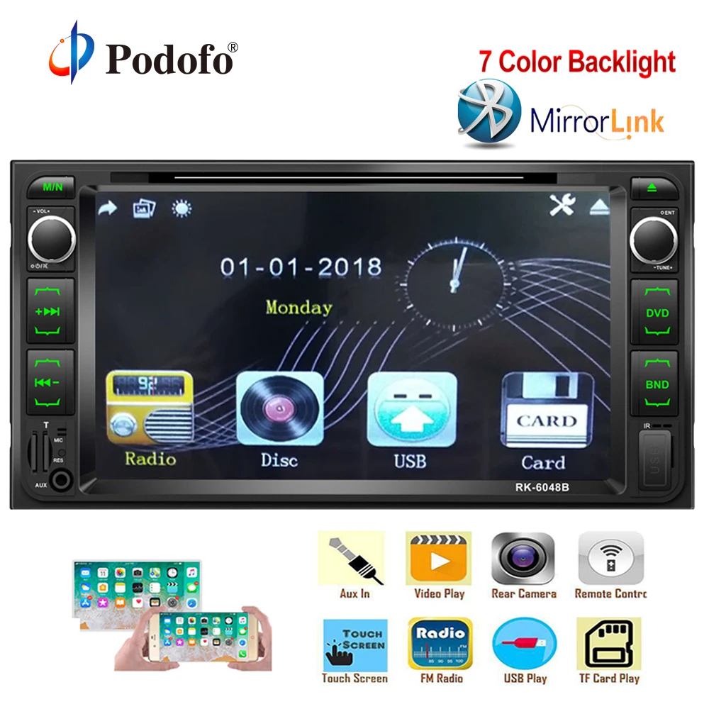 

Podofo 2 din Car Radio Stereo Auto radio 2din FM Receiver Bluetooth DVD/CD/MP3/USB/SD/AUX Audio Player Support Rear View Camera