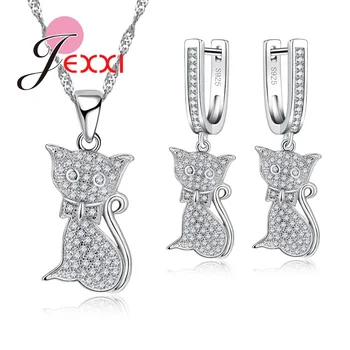 

New Fashionable Cute Cat Jewelry Set Clear Austria Crystal Pendant Neckalce Earring Sets For New Year Gift