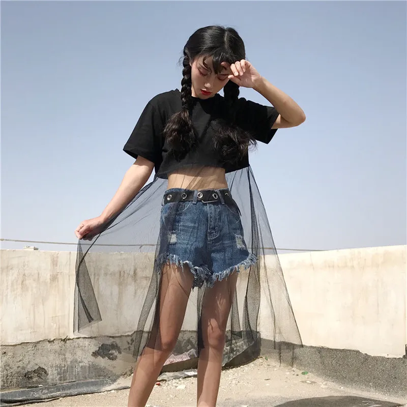 

2018 Summer Short Tops Women Korean Fashion Mesh Splicing Short Sleeve T-shirts Solid Color Vogue Loose T Shirt Sexy o-neck Tops