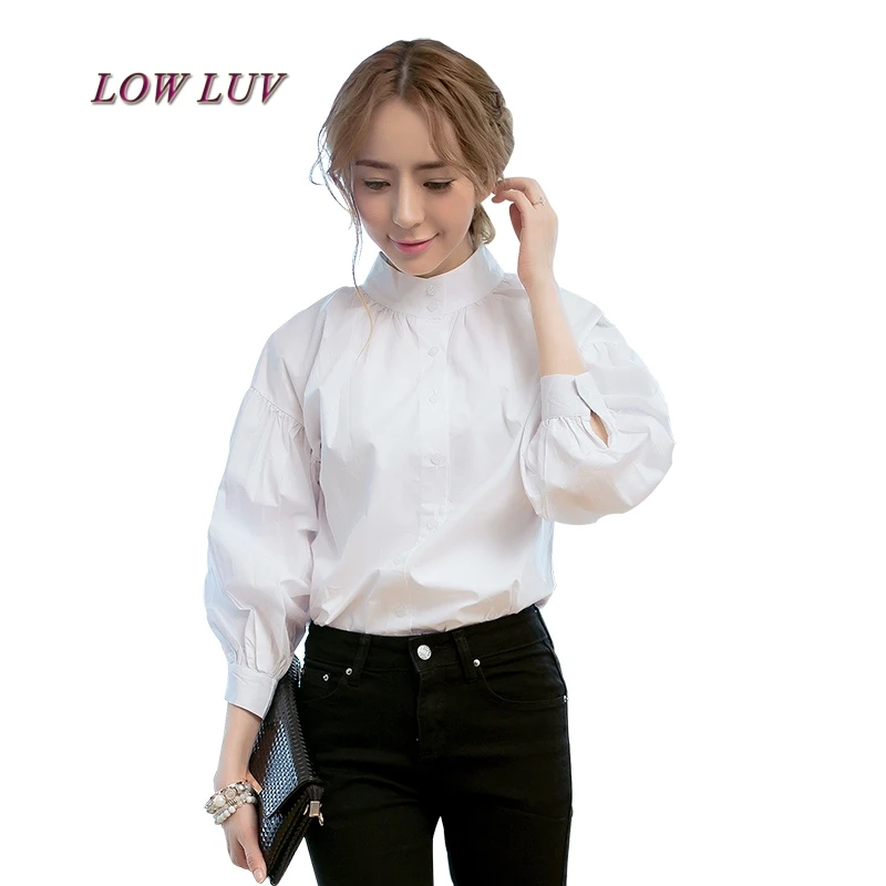 

Women Lantern Sleeve Blouse 2017 Ladies Fashion Long Cotton Tops Female Vintage Oversize Loose Stand Collar Puff White Shirts