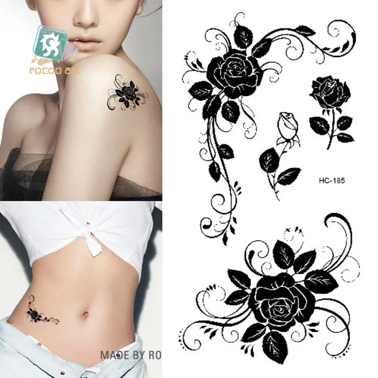 Красивые боди-арт, водонепроницаемые Временные татуировки для женщин, сексуальная черная роза, дизайн, маленькие татуировки, наклейки, опт, HC1185