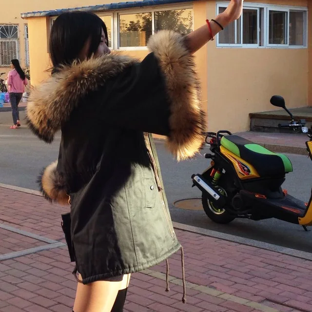 Cheap European Fashion Winter Large Raccoon Fur Collar Army Green Casual Overcoat Three Quarter Sleeve Cape Female Cotton Jacket Coat