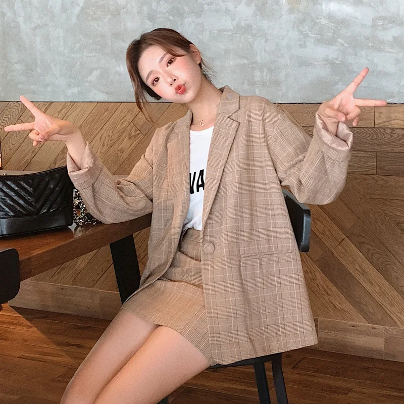 Sets female 2019 summer new women's Korean version of the loose plaid small suit jacket casual half-length skirt two-piece