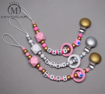 

Personalised Any name Hand made 3 color choose colorful wooden bead dummy clip holder pacifier clips soother chain teether clip