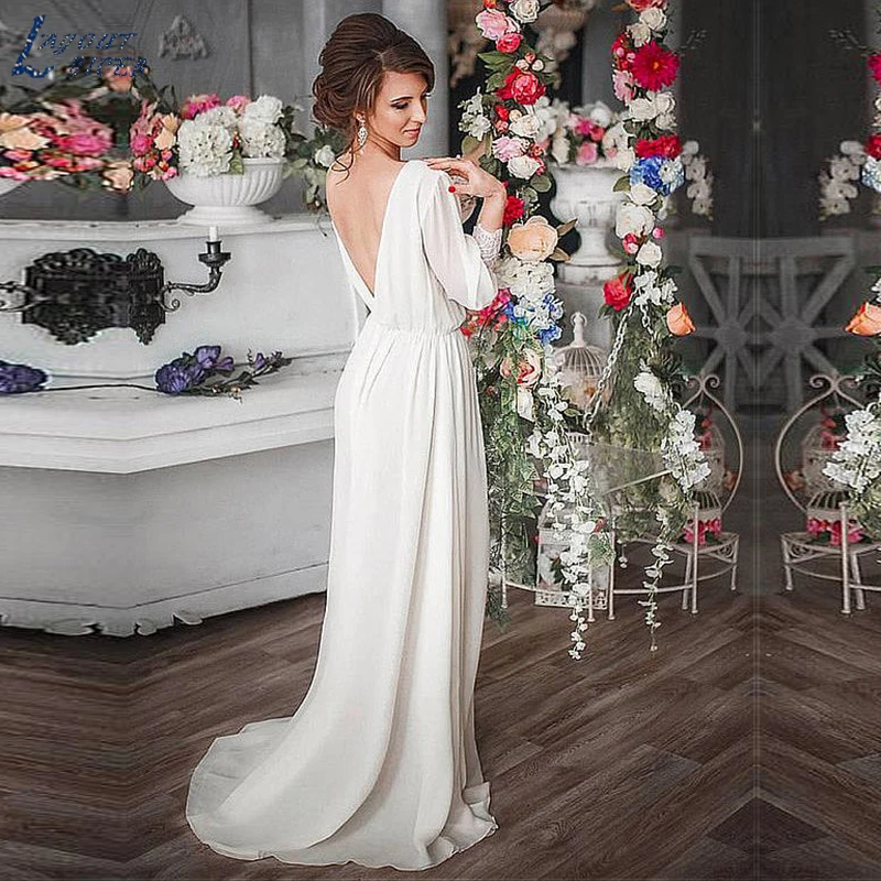 

SHJ581 Backless Vestido De Noiva 2019 Hot Sale Elegant Beach Wedding Dresses A-line 3/4 Sleeves Chiffon Boho Wedding Gown