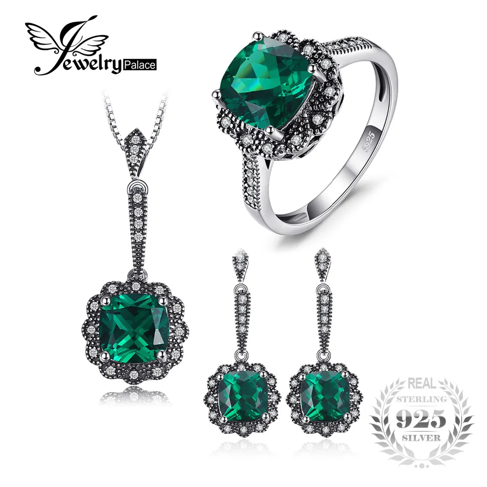

JewelryPalace Vintage 7.3ct Nano Russian Simulated Emerald Pendant Necklace Drop Earrings Ring Jewelry Sets 925 Sterling Silver
