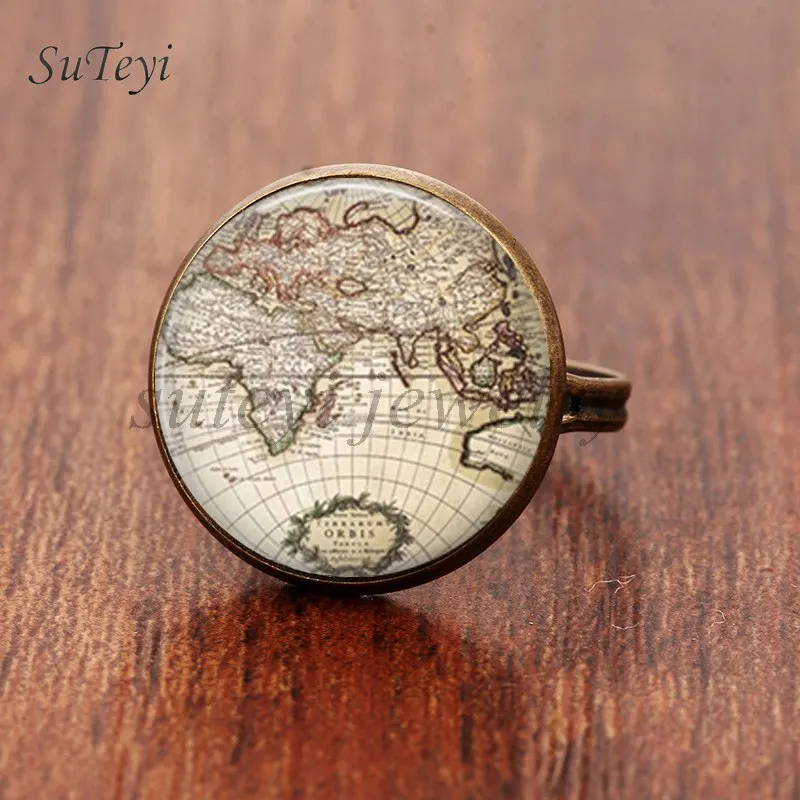 SUTEYI винтажные фото стеклянные кольца с кабошоном сделай сам карта мира