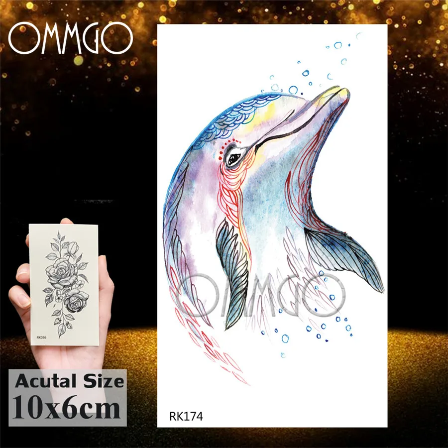 OMMGO Watercolor Dolphin Temporary Tattoos Sticker For Women Body Art Tattoo Kids Fake Waterproof Tatoos Cartoon Neck Hands