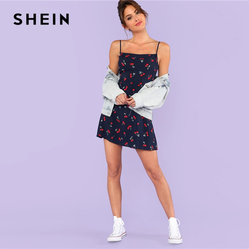 SHEIN Платье С Принтом Вишни Женское Летнее Темно-Синее Повседневное Платье Без Рукавов