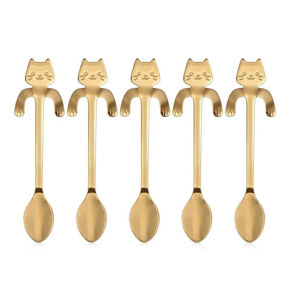 

5 Pcs Mini Cat Coffee Spoon,Stainless Steel Hanging Cup Teaspoons Demitasse Mini Kitten Design Stirring Spoon Cute Utensil(5 G