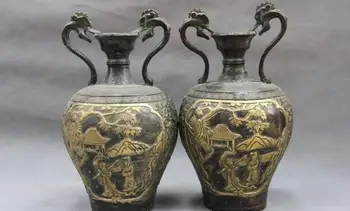 

11 China Old Copper Bronze Two dragons Maid Chart Aquarius Bottle Pot Vase Pair
