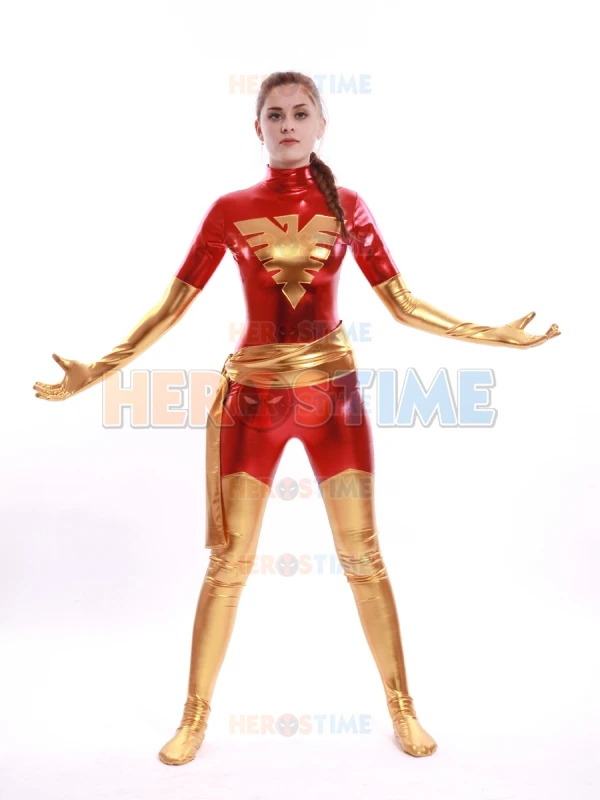 

Red and Golden X-Men Dark Phoenix Superhero Costume Shiny Metallic Zentai Xmen Phoenix Bodysuit Free Shipping