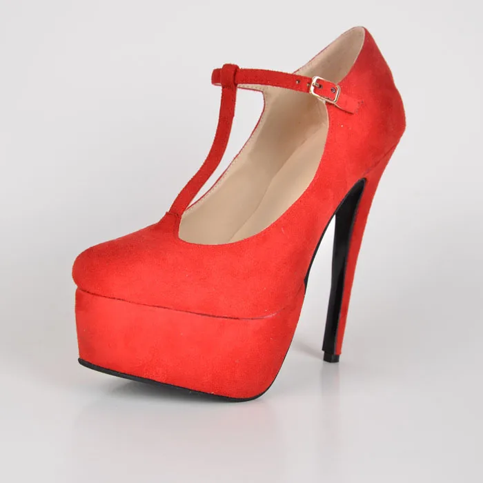 Red T-Strap Platform Pumps Stiletto Heels Handmade Thick Platform Extra High Heels Round Closed Toe Big Size Ladies Shoes