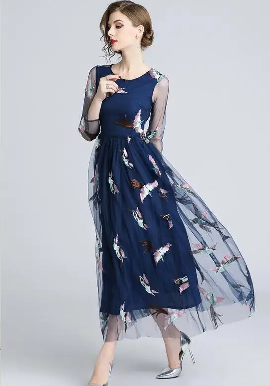 

High Quality 2018 Autumn New Arrival Round Collar Phoenix Printed Three-quarter Sleeve Woman Long Lace Gauze Maxi Dress